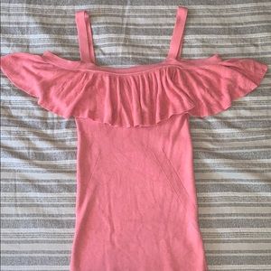 Peach colored open shoulder top